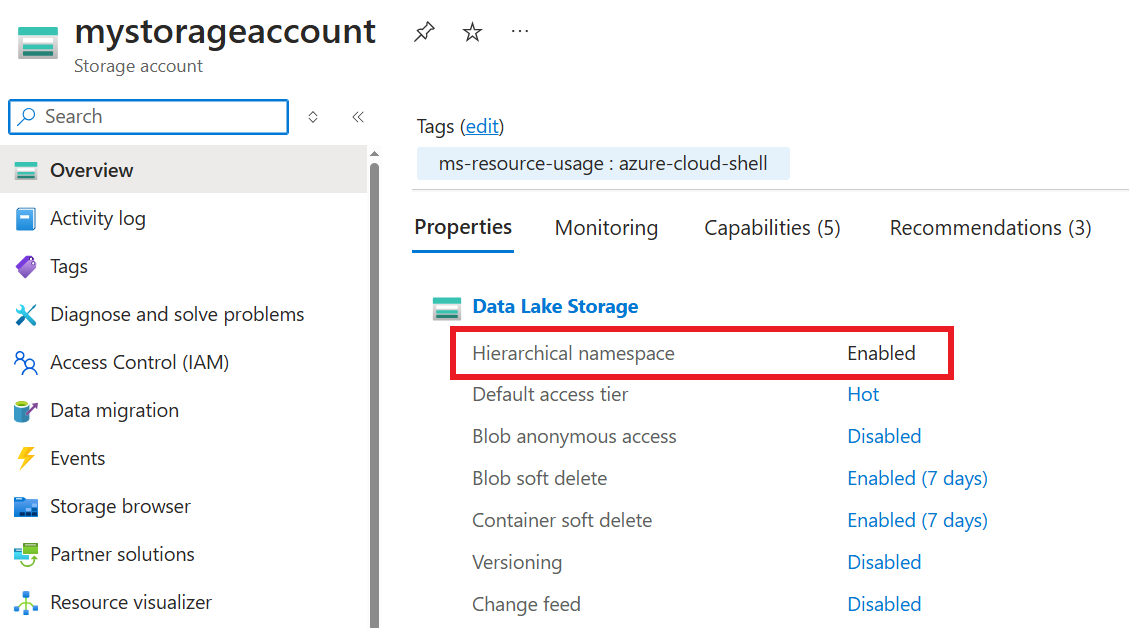 Azure storage account hierarcical namespace