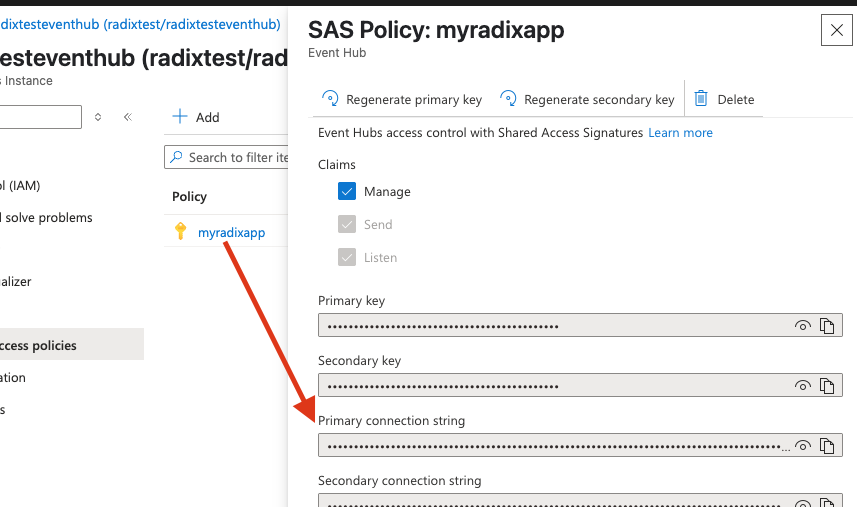 Shared access policy for event hub instance connection string